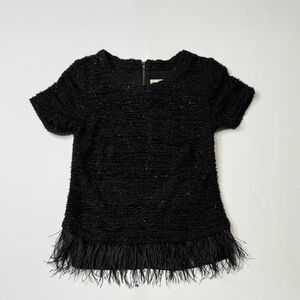 Anthropologie Deletta Black Metallic Textured Top with Ostrich Feather Hem